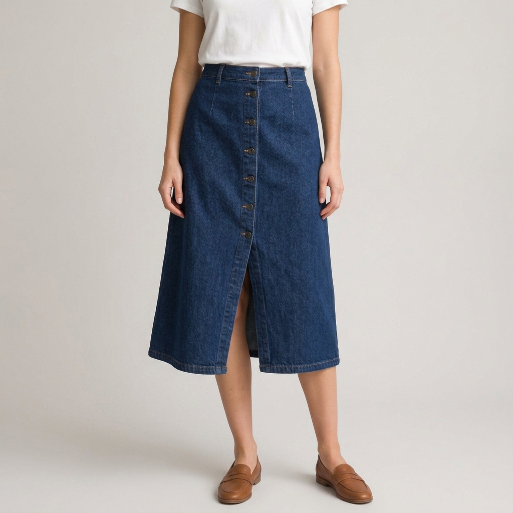 Saia Jeans Midi Evasê com Fenda Frontal