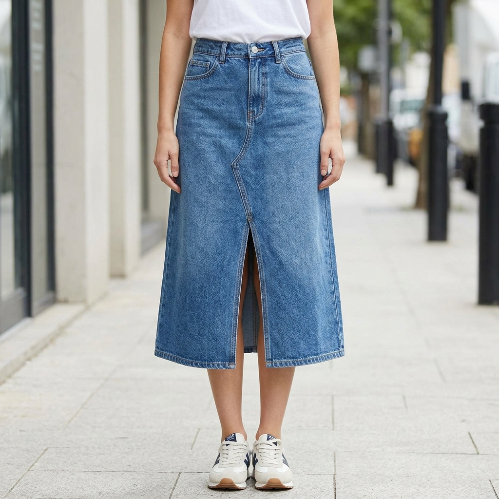 Saia Jeans Curta Rasgada com Babado