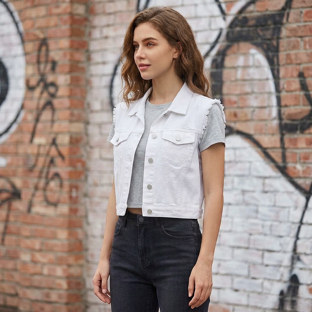Colete Jeans Feminino Rasgado Cropped