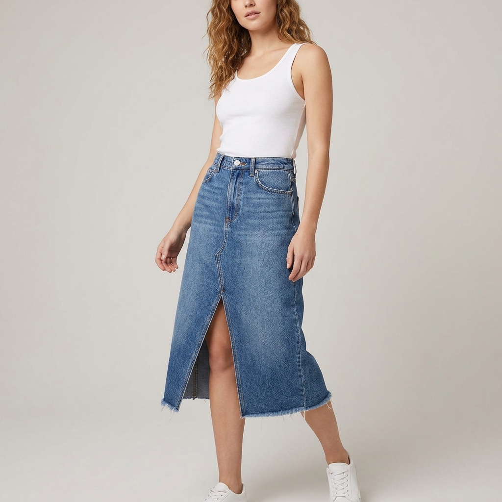 Saia Jeans Midi Evasê com Fenda Frontal