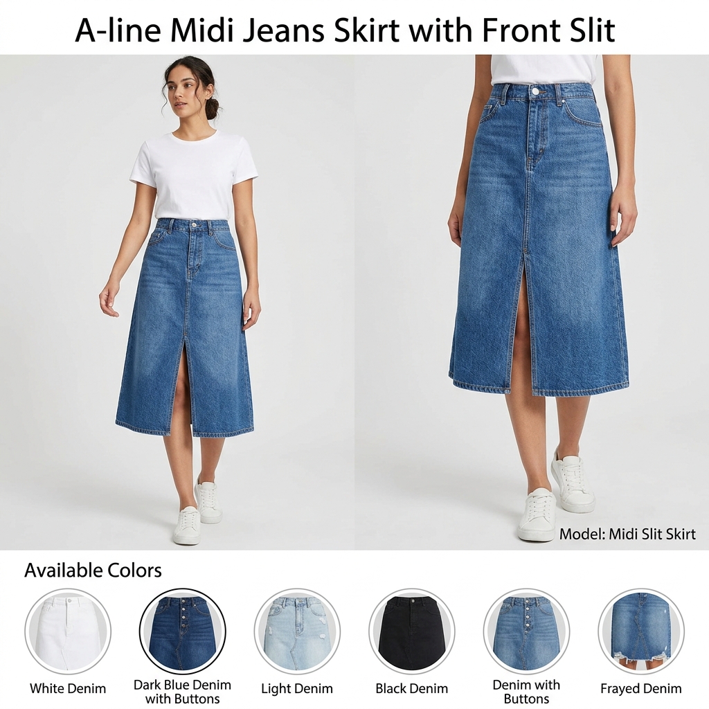 Saia Jeans Midi Evasê com Fenda Frontal