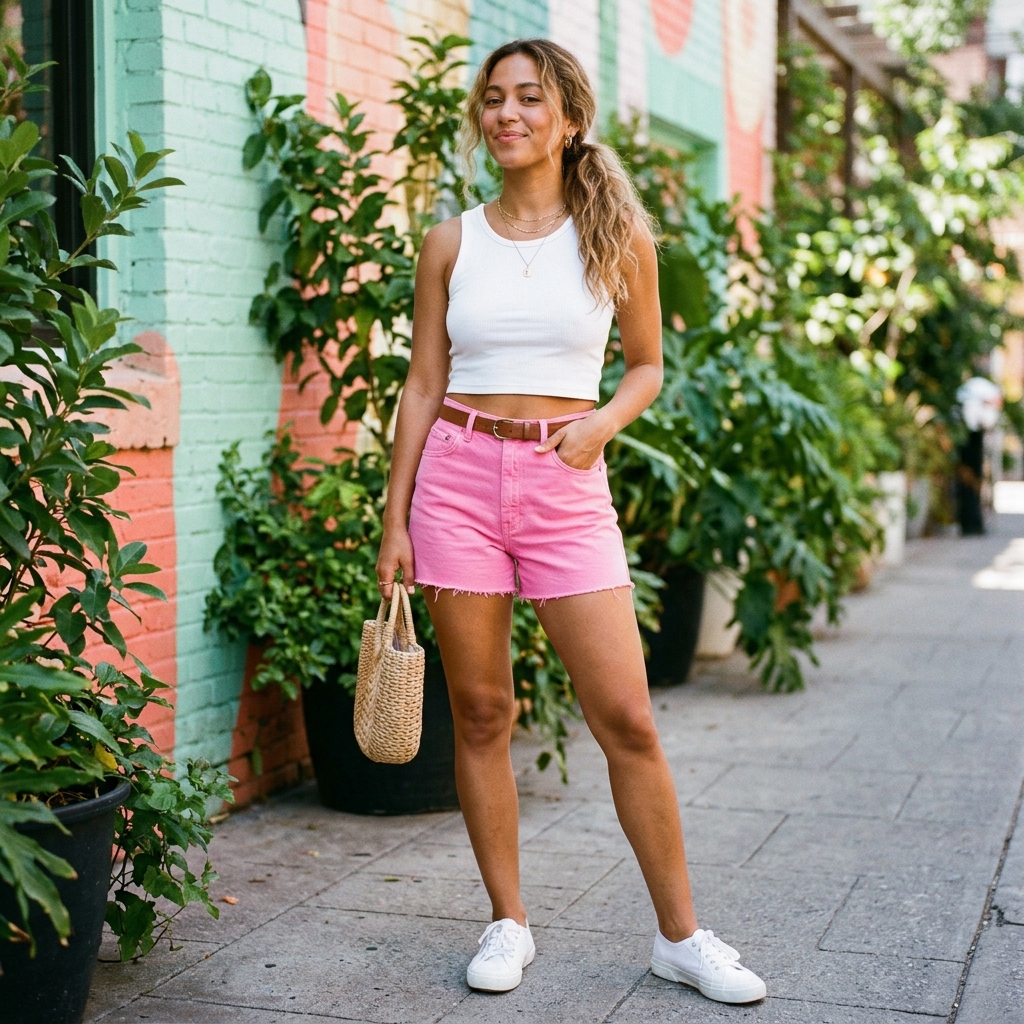 Short Jeans Cintura Alta Colorido Rosa