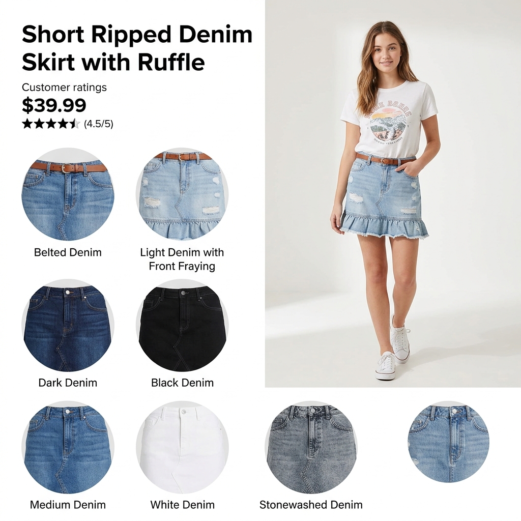 Saia Jeans Curta Rasgada com Babado