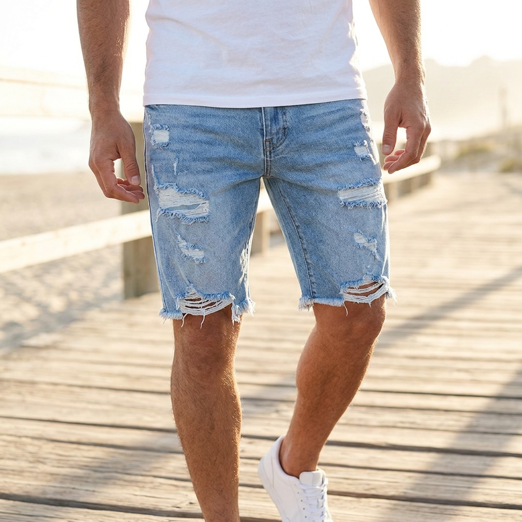 Bermuda Jeans Masculina Destroyed Rasgada